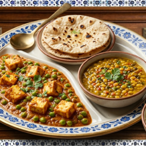 Matar Paneer, Fresh Roti.  Panch Dal, Jira Rice -Price - £5.99