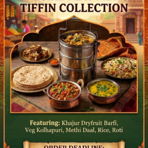 Gujarati flavours freshly prepared by Jalaram 12th June Khajur Dryfruit Barfi, Veg kolhapuri, Methi Daal, Rice and Roti